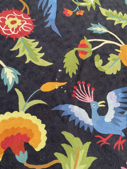 Art Deco Style Embroidered Chainstitch Wool Birds of Paradise Tapestry Rug