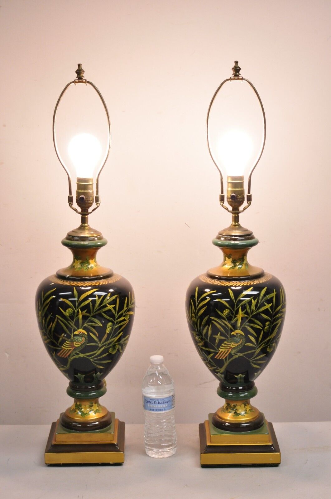 Decorator Hollywood Regency Ceramic Green "Birds of Paradise" Table Lamps - Pair