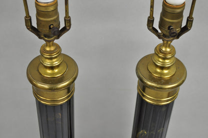 Vintage French Empire Brass Metal "Smoky" Celluloid Column Table Lamps - a Pair