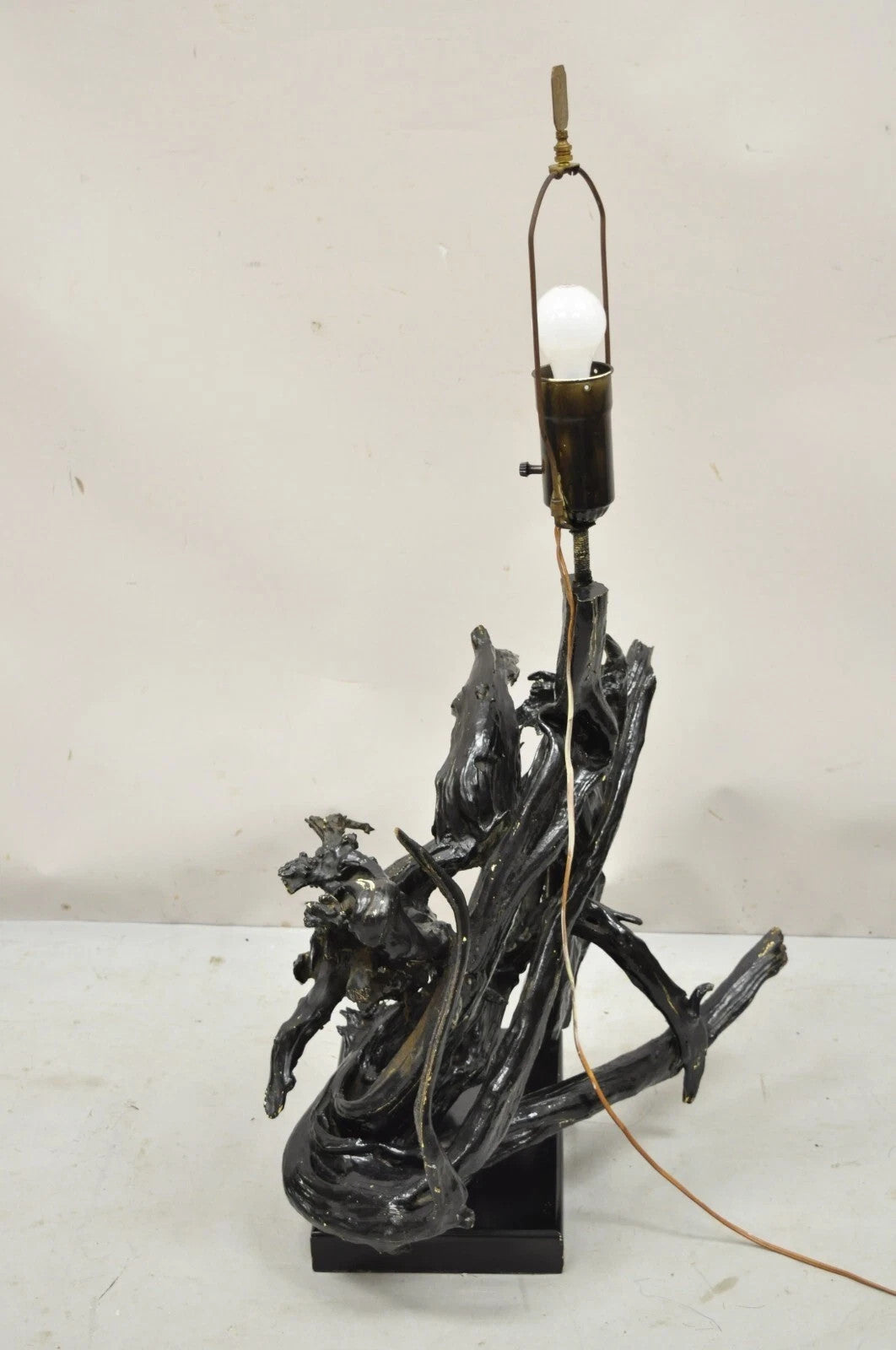 Vintage Mid Century Modern Large Driftwood Wooden Black Sculptural Table Lamp