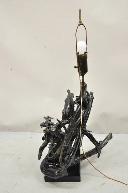 Vintage Mid Century Modern Large Driftwood Wooden Black Sculptural Table Lamp