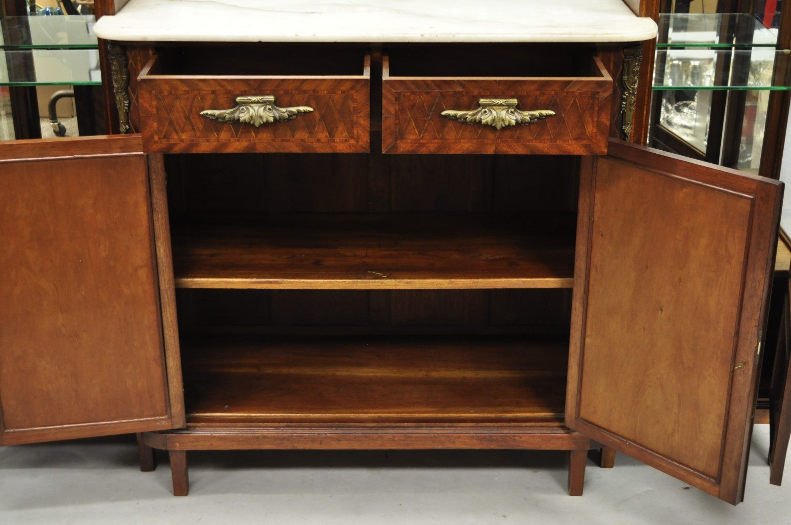 Antique French Louis XVI Style Marquetry Inlay Sideboard Buffet Curio Cabinet