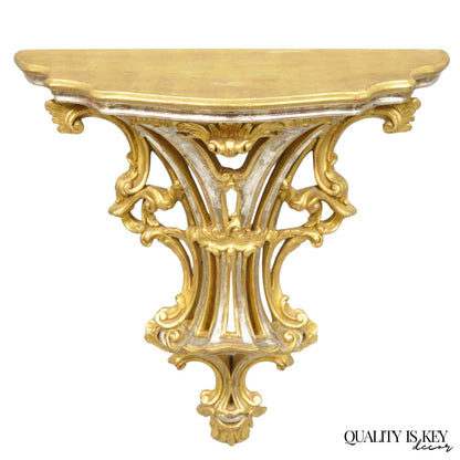Vintage Italian Rococo Silver & Gold Giltwood Carved Large Wall Shelf Bracket