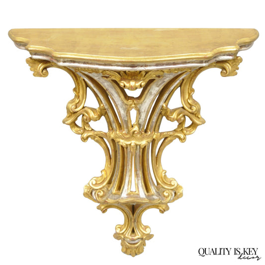 Vintage Italian Rococo Silver & Gold Giltwood Carved Large Wall Shelf Bracket