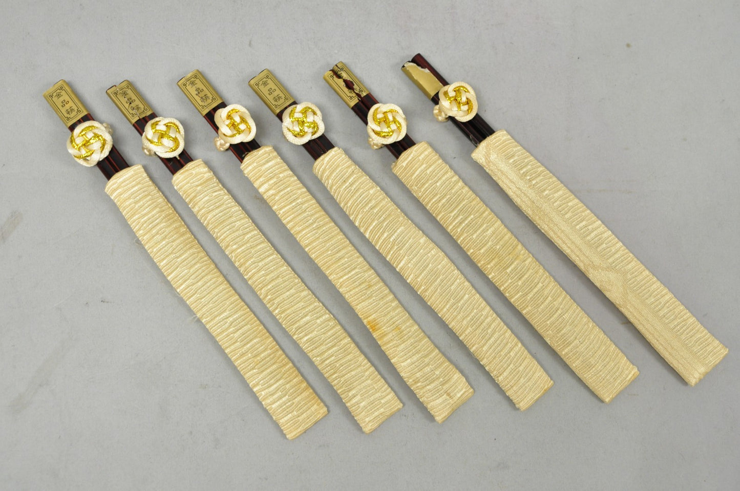 Vintage Japanese Oriental Chopsticks in Custom Silk Gold Sleeves - 6 Pc Set