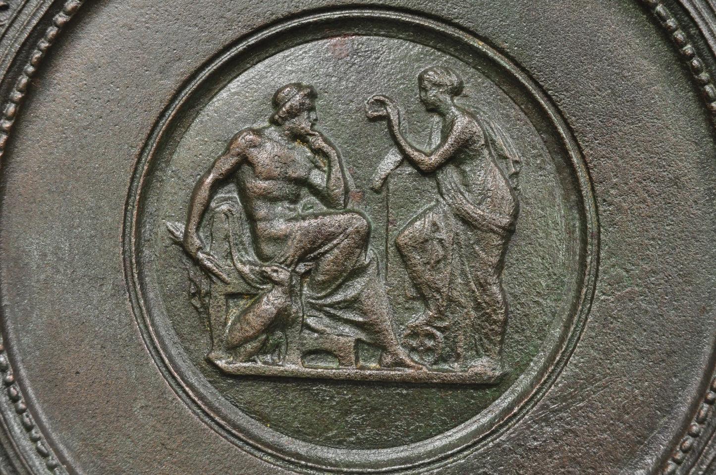 Vintage Roman Classical Style Figural Cast Iron Twin Handle Charger Dish