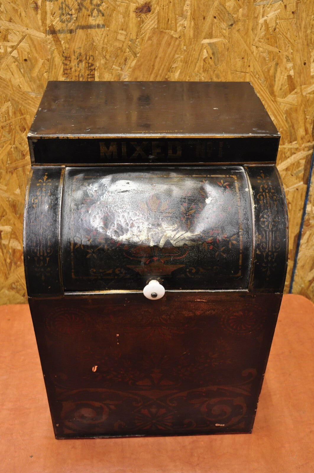 Antique Morgan & Cornell NY 1890 Tin Rolltop Tea Hopper Store Spice Bin Display