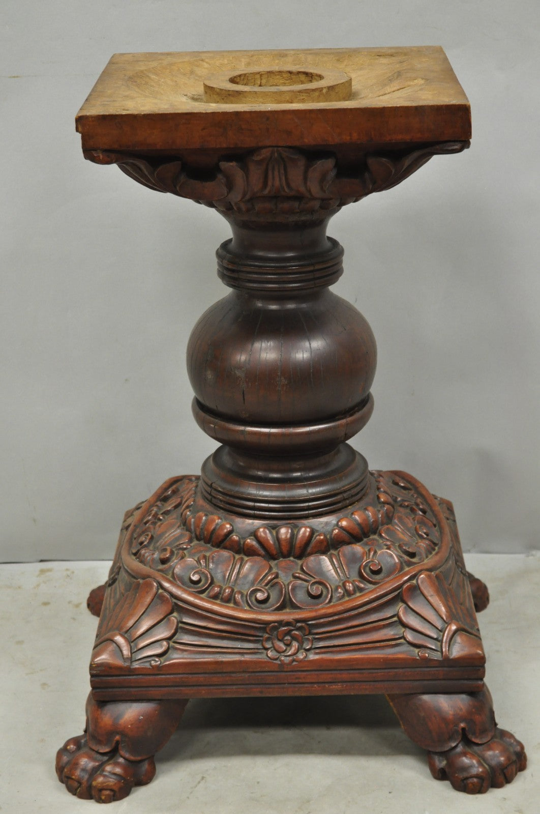 Antique American Empire Carved Mahogany Cannonball Paw Foot Pedestal Table Base