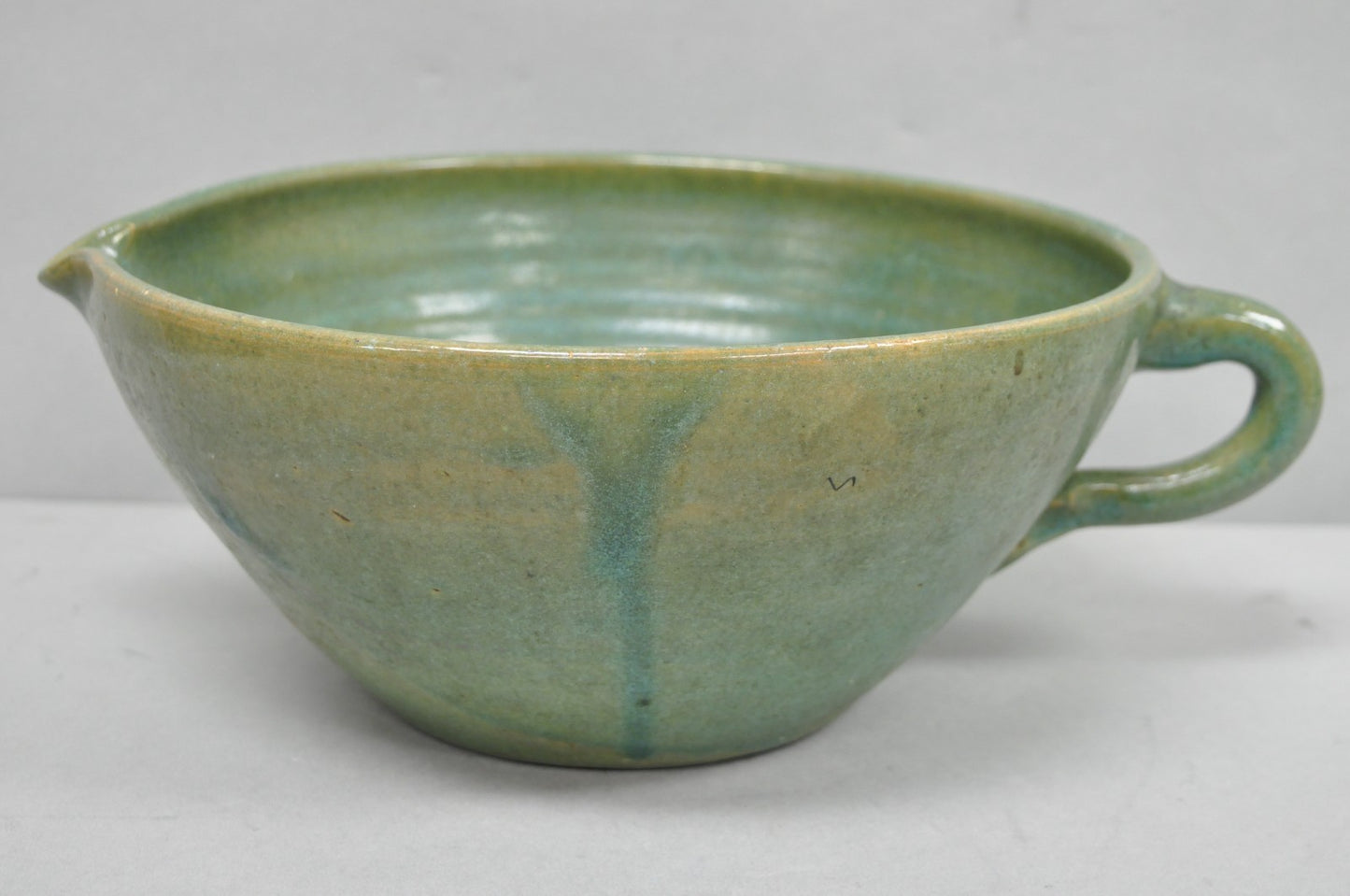Vintage Primitive Green Glazed Ceramic Pottery Large Mixing Bowl w Handle