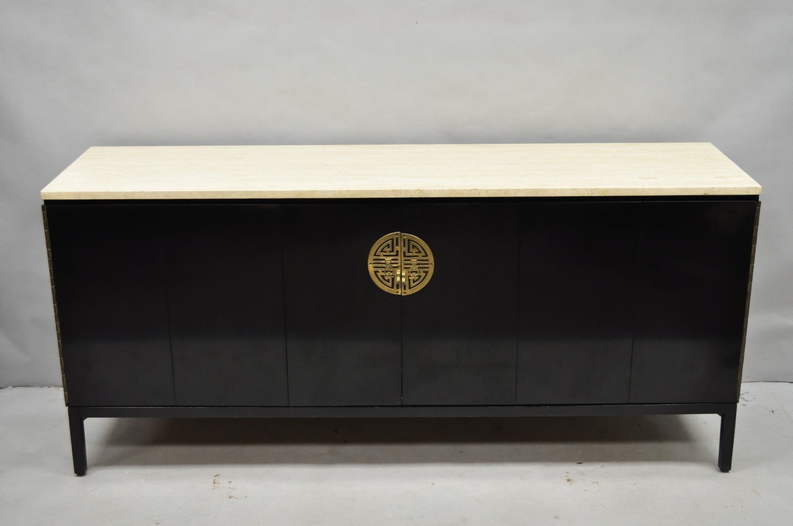Paul McCobb for Calvin Irwin Travertine Top Black Mahogany Sideboard Credenza