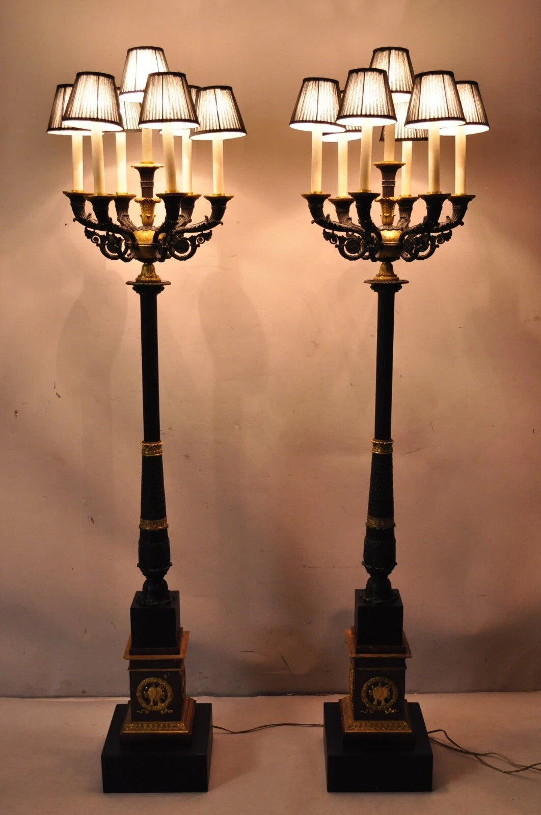 French Empire 68" Tall Bronze & Marble Lighted Candelabra Torchiere Floor Lamps