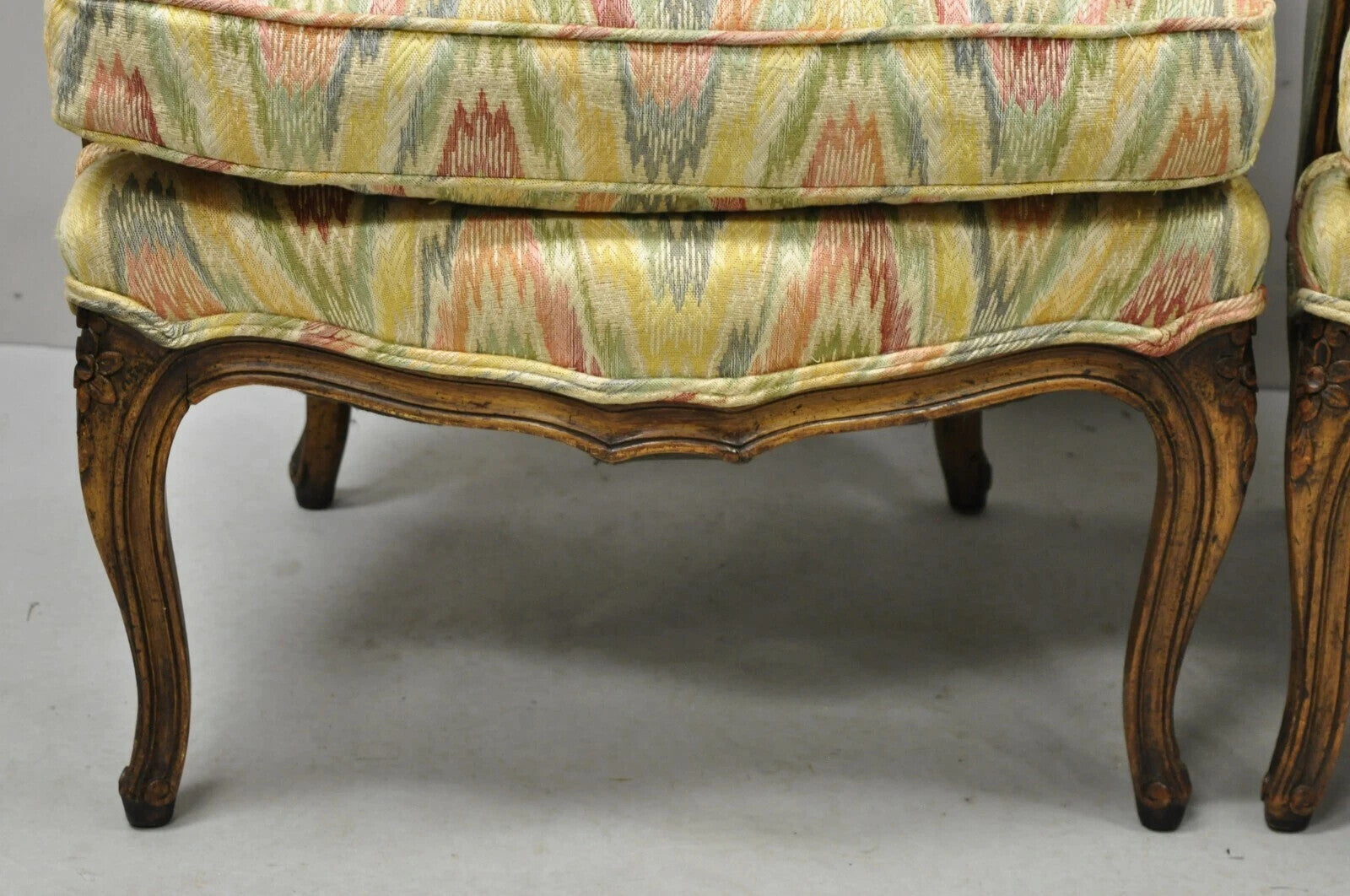 Vintage French Country Provincial High Back Walnut Arm Chairs (B) - a Pair