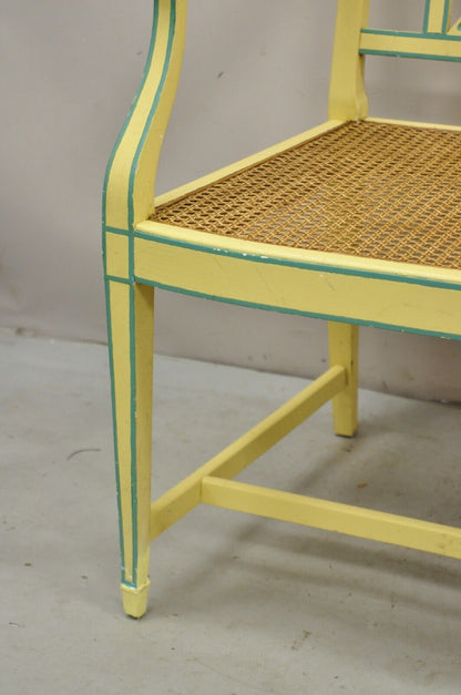 Vintage Italian Neoclassical Yellow Painted Cane Seat Fretwork Settee Bench