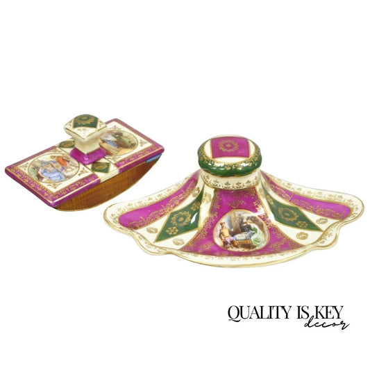 Antique Old Vienna Paris Porcelain Inkwell and Ink Blotter Desk Set - 2 Pc Set