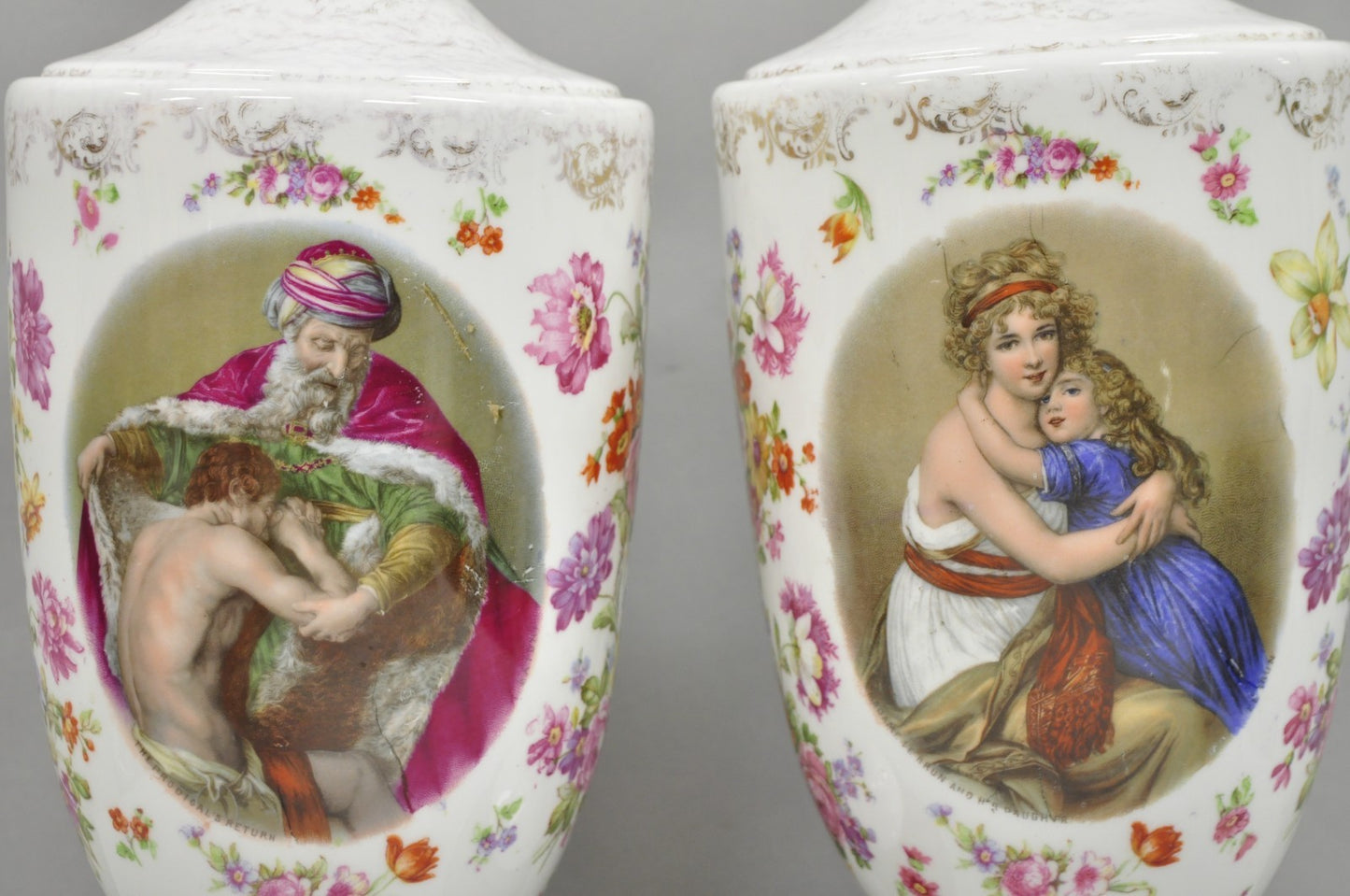 Antique French Renaissance Victorian Porcelain Urn Figural Cameo Table Lamp Pair