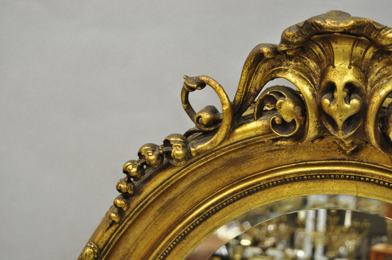 Antique French Victorian Gold Gilt Scroll Oval Beveled Glass Wall Mirror