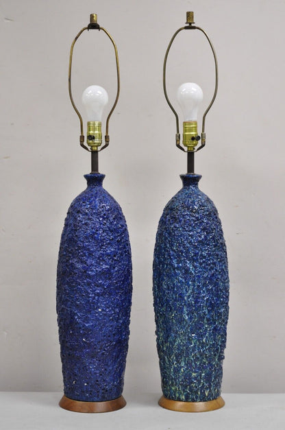 Vintage Mid Century Modern Blue Lava Drip Glazed Ceramic Table Lamp - a Pair