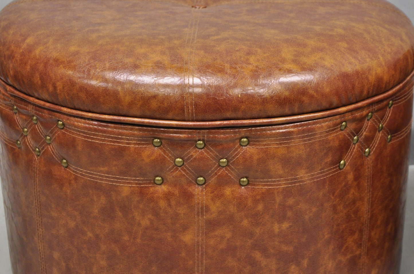 Contemporary Modern Moroccan Style Brown Faux Leather Round Storage Ottoman Pair