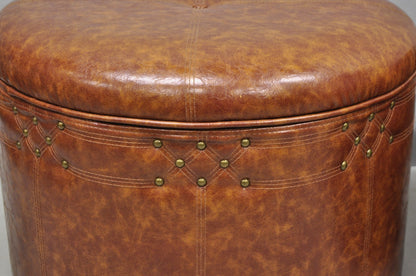 Contemporary Modern Moroccan Style Brown Faux Leather Round Storage Ottoman Pair