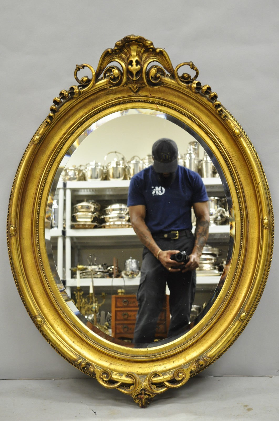 Antique French Victorian Gold Gilt Scroll Oval Beveled Glass Wall Mirror