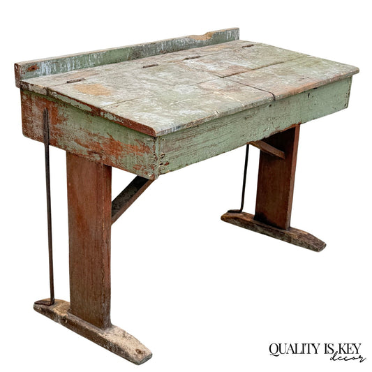 Antique French Primitive Rustic Green Distress Painted Flip Top Wood School Desk