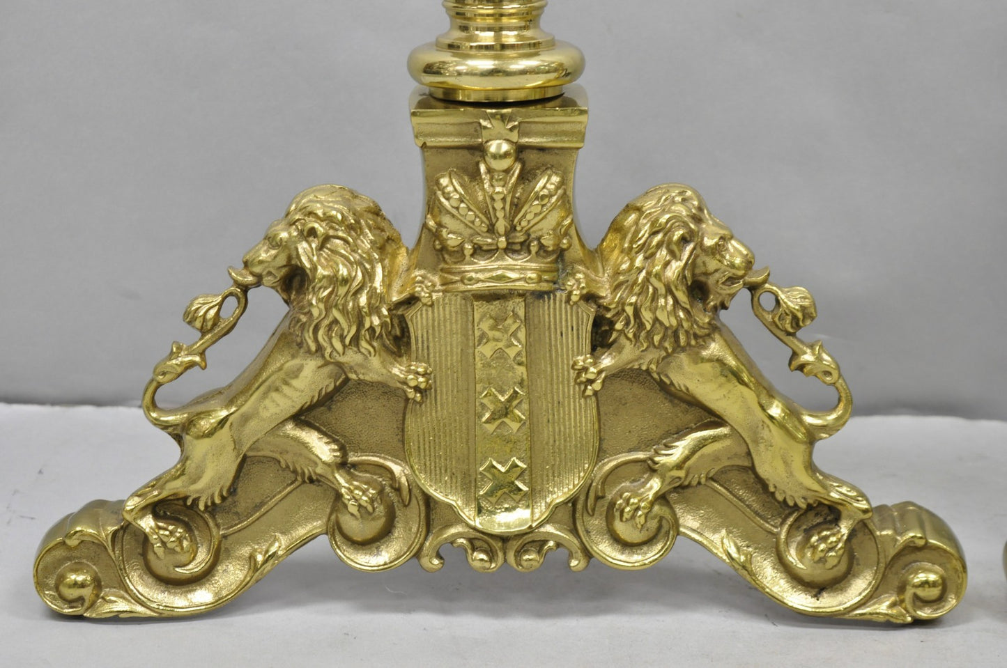 French Empire Renaissance Brass Lion Coat of Arms Cannonball Andirons - a Pair