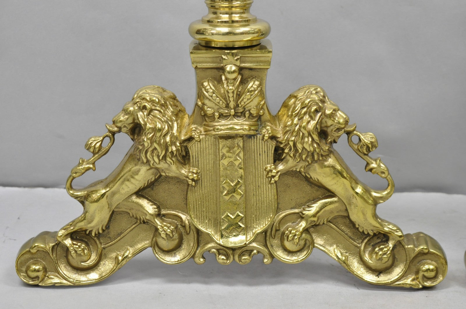 French Empire Renaissance Brass Lion Coat of Arms Cannonball Andirons - a Pair