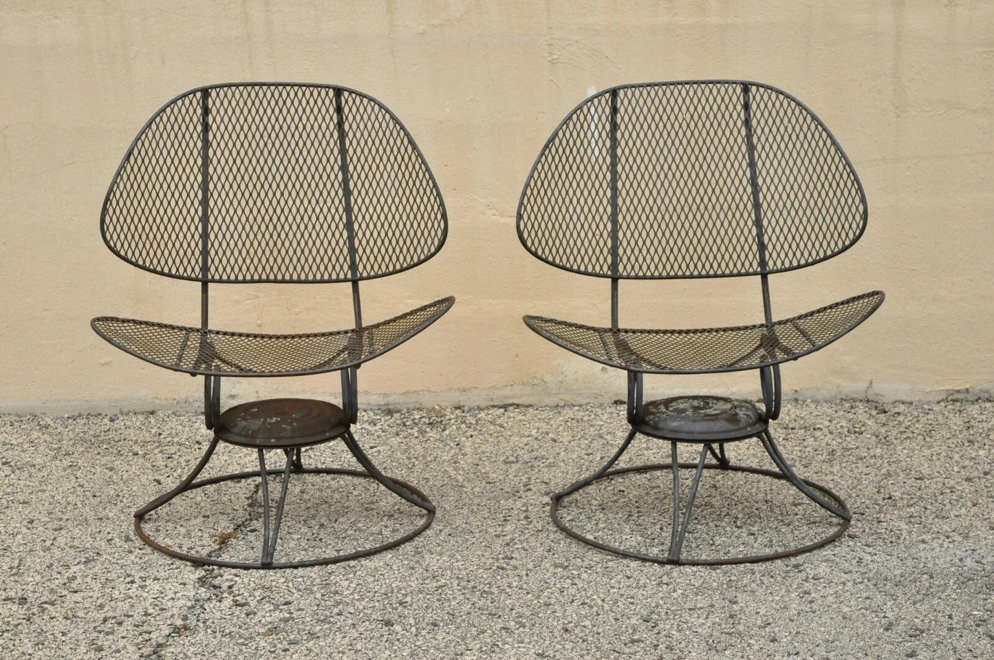 Homecrest Clam Shell Casino Salterini Style Wrought Iron Swivel Chairs - a Pair
