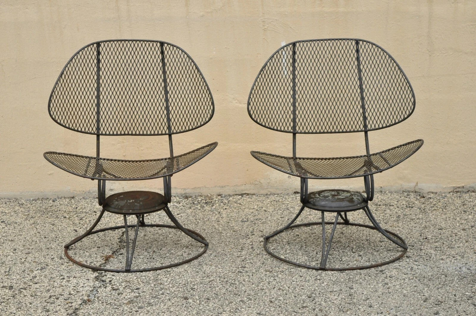 Homecrest Clam Shell Casino Salterini Style Wrought Iron Swivel Chairs - a Pair