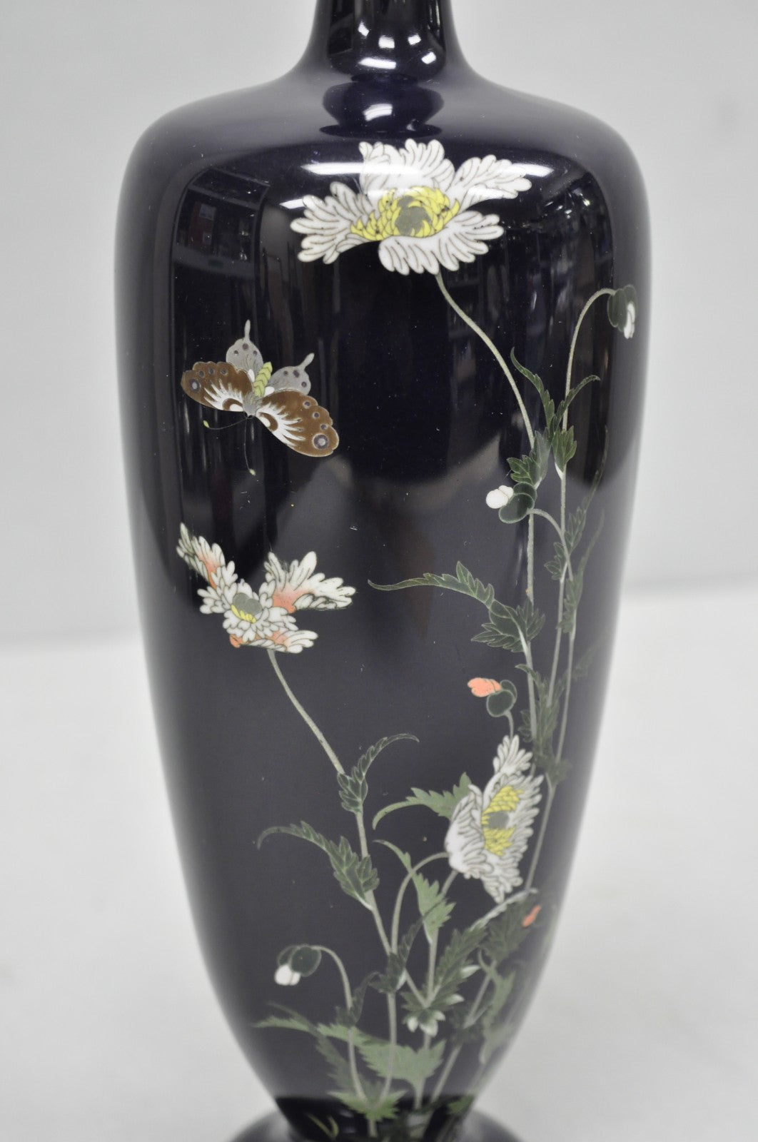 Meiji Period Japanese Cloisonne Enamel Dark Blue Daisy & Butterfly Tall Urn Vase