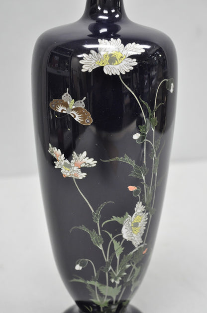 Meiji Period Japanese Cloisonne Enamel Dark Blue Daisy & Butterfly Tall Urn Vase