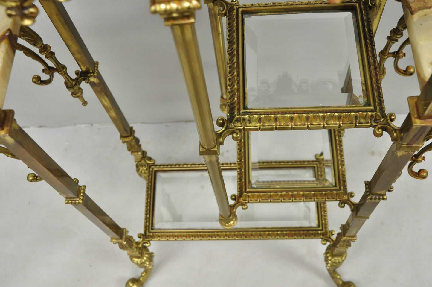 Antique Victorian Brass & Onyx Ornate Tiered Etagere Curio Display Stand Shelf