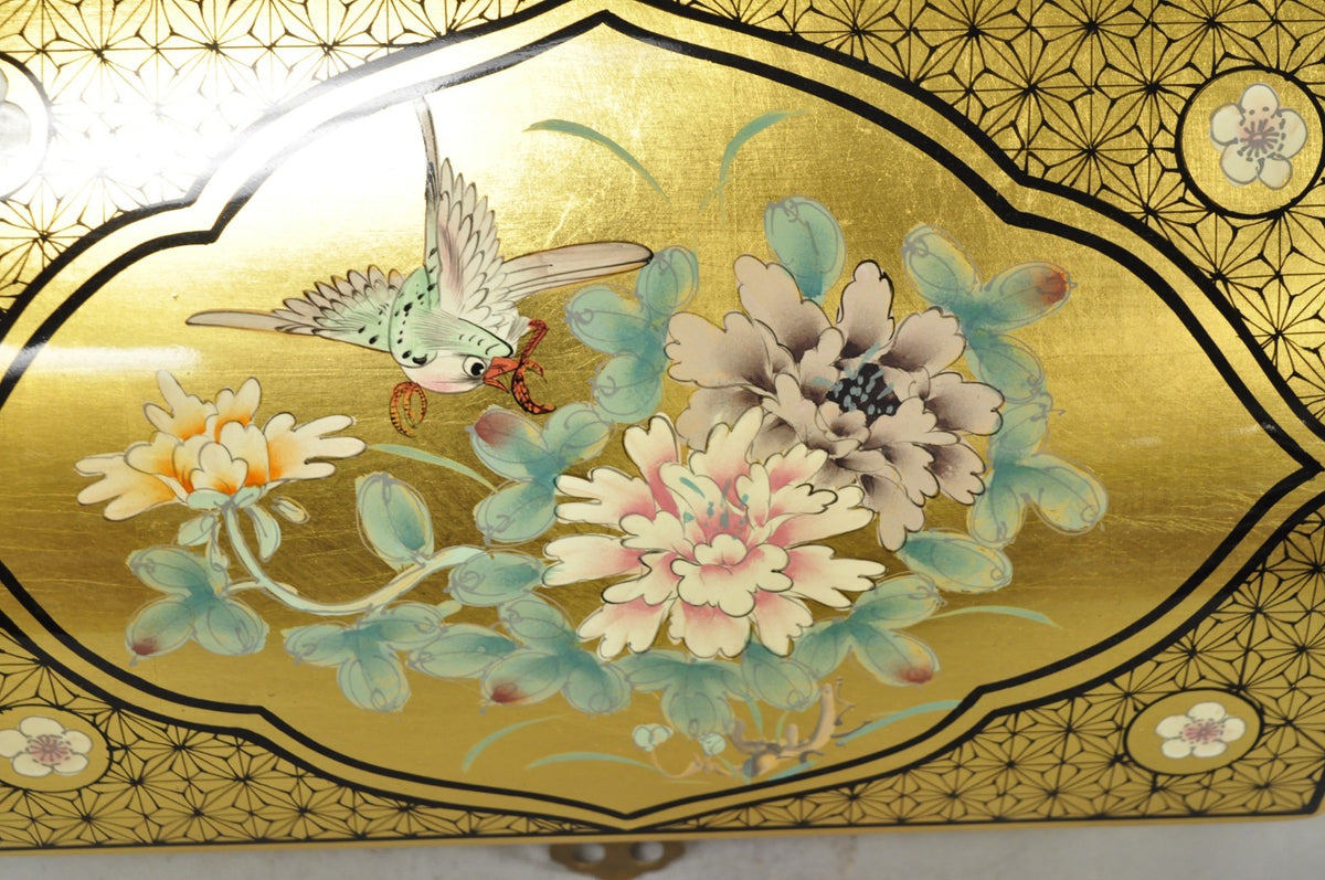 Vintage Chinese Oriental Gold Leaf Dome Lid Jewelry Box w/ Soapstone Figures