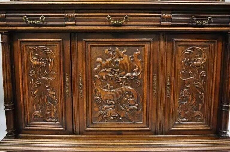 Gothic Renaissance Revival Carved Walnut Dragon Griffin Sideboard Buffet Cabinet
