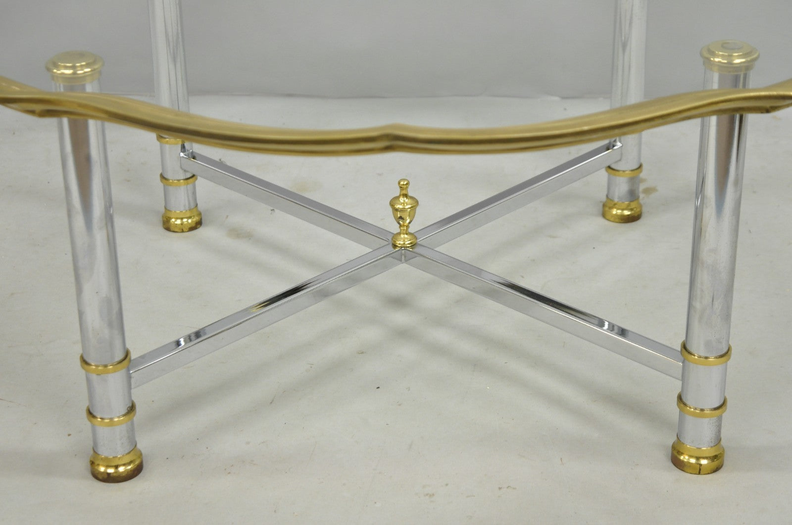 Vintage Maison Jansen Style Steel & Brass Scalloped Glass Tray Top Coffee Table