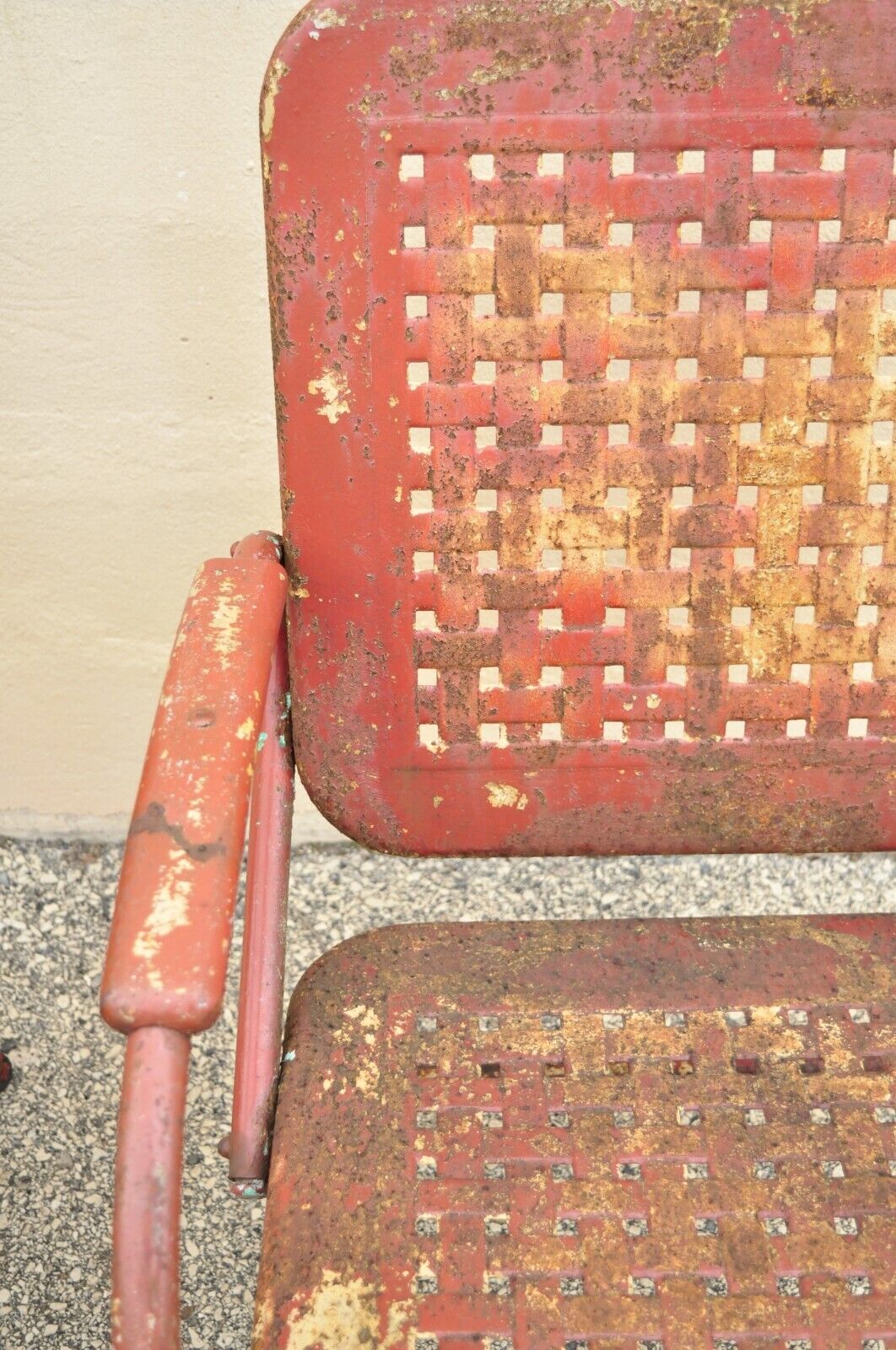 Antique Art Deco Basketweave Red Distress Paint Bouncer Garden Chairs - a Pair