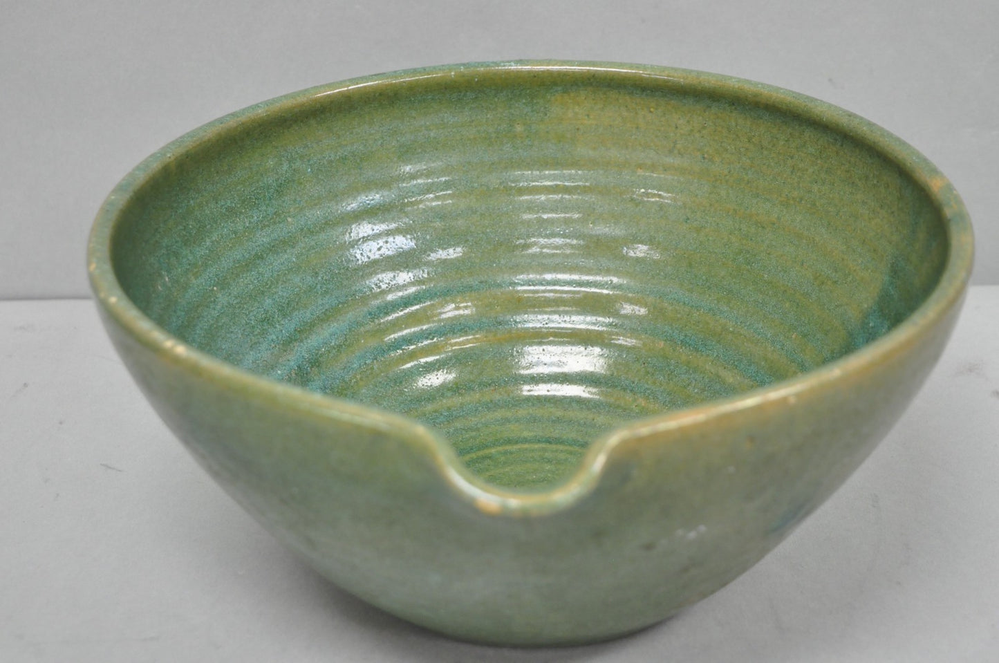 Vintage Primitive Green Glazed Ceramic Pottery Large Mixing Bowl w Handle