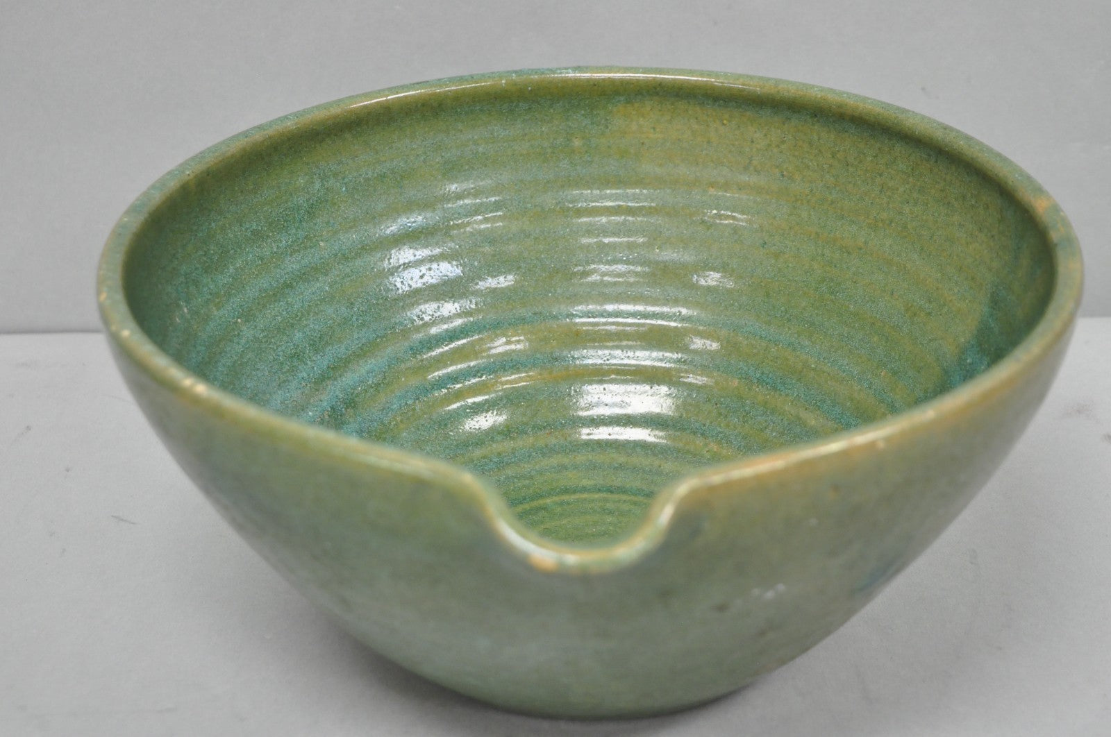 Vintage Primitive Green Glazed Ceramic Pottery Large Mixing Bowl w Handle