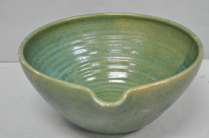 Vintage Primitive Green Glazed Ceramic Pottery Large Mixing Bowl w Handle