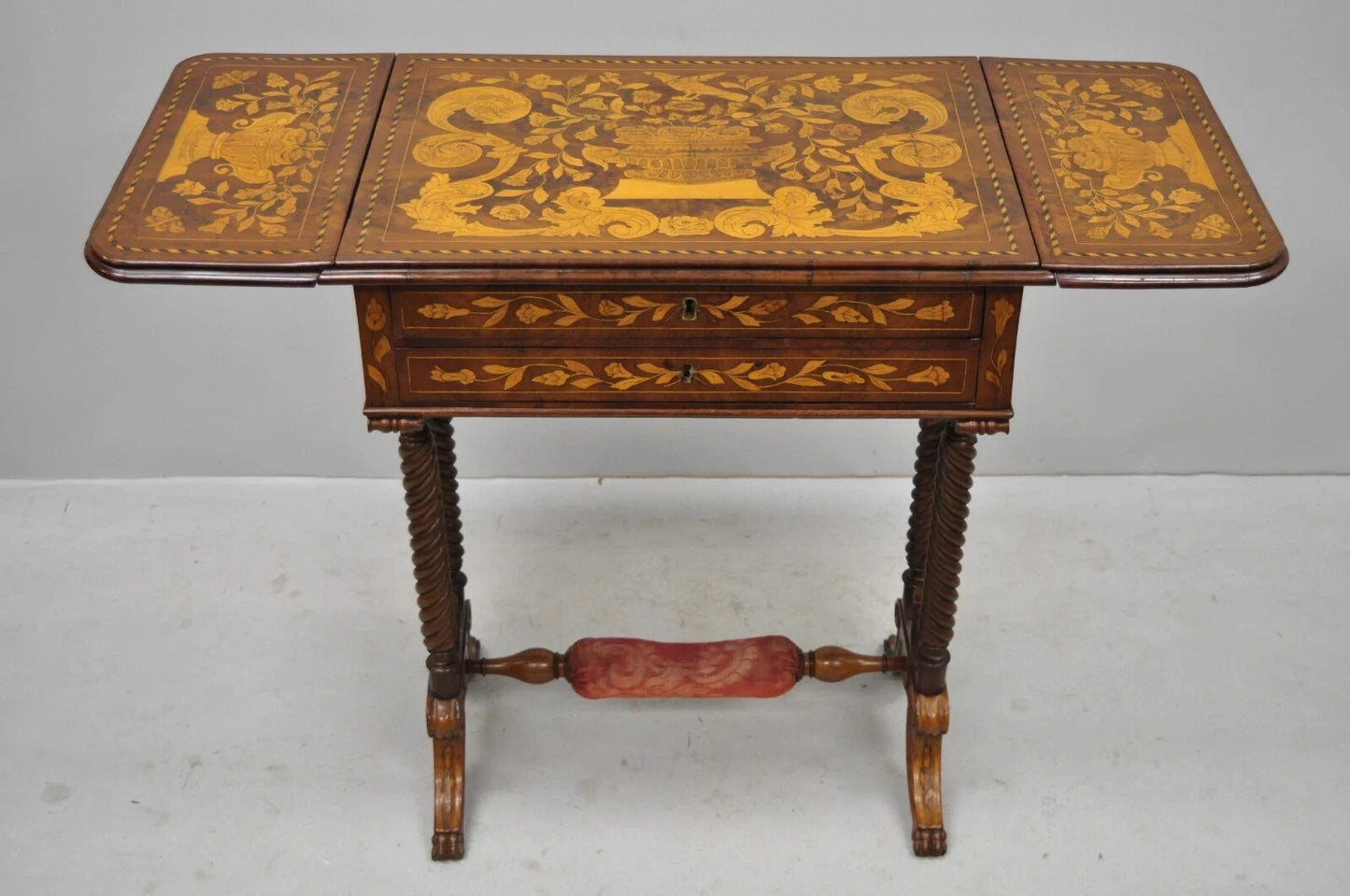 19th C Dutch Marquetry Inlay Regency Style Drop Leaf Sewing Stand Side End Table