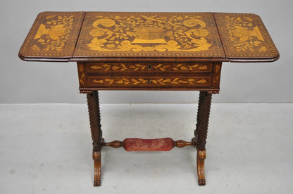 19th C Dutch Marquetry Inlay Regency Style Drop Leaf Sewing Stand Side End Table