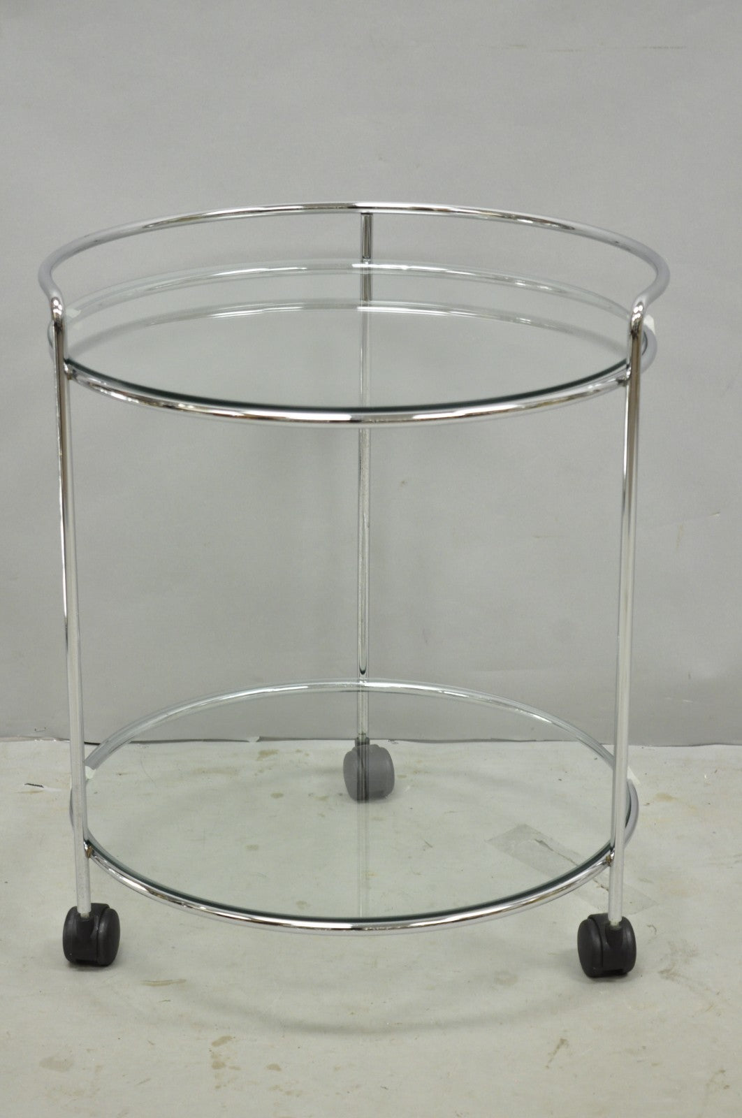 Vintage Mid Century Modern Chrome Round Glass 2 Tier Rolling Bar Cart Side Table