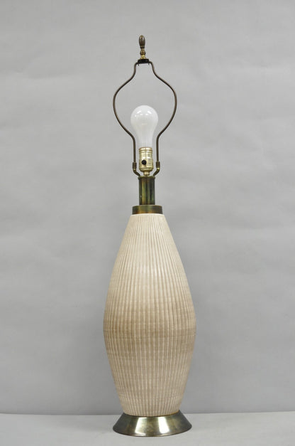 Vintage Mid Century Modern Beige Sculptural Ceramic Pottery Ribbed Table Lamp