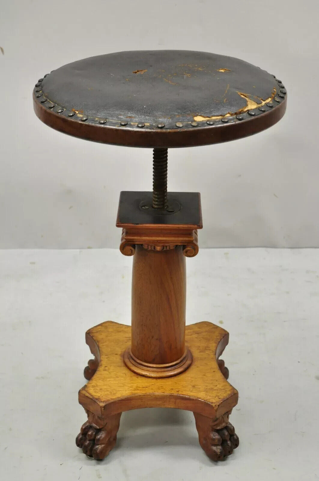 19th C. American Empire Mahogany Carved Column Paw Foot Swivel Leather Stool
