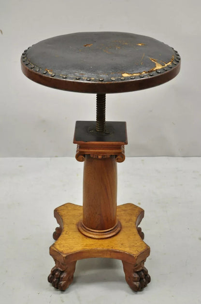19th C. American Empire Mahogany Carved Column Paw Foot Swivel Leather Stool