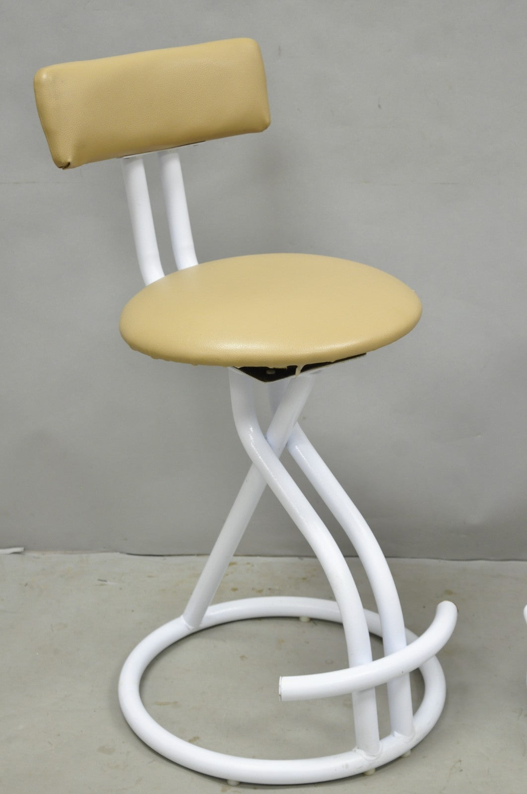 Vintage Postmodern Memphis Style White Tubular Metal Swivel Bar Stools  - a Pair
