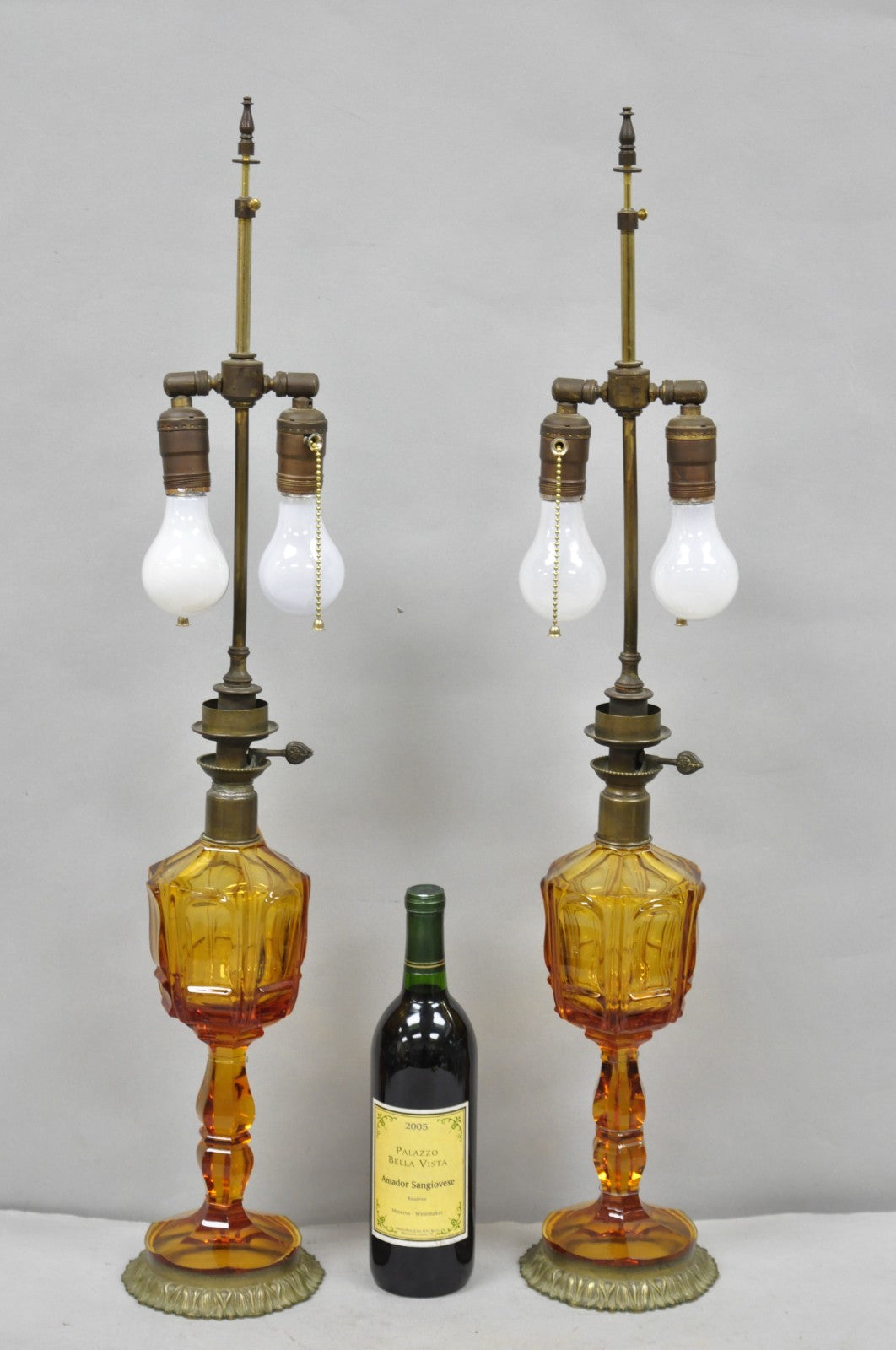 Antique French Victorian Amber Glass & Bronze Converted Oil Lamp Table Lamp Pair