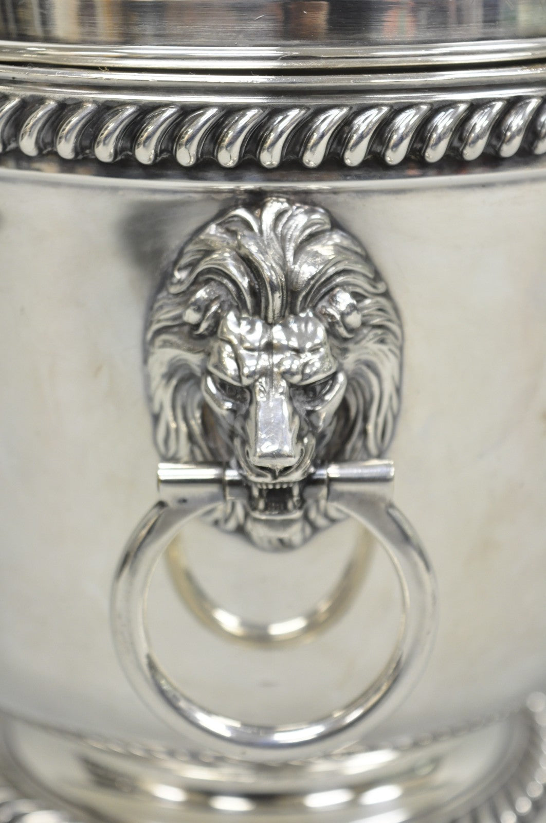 Antique English Regency Lion Head Silver Plated Covered Bar Ice Bucket