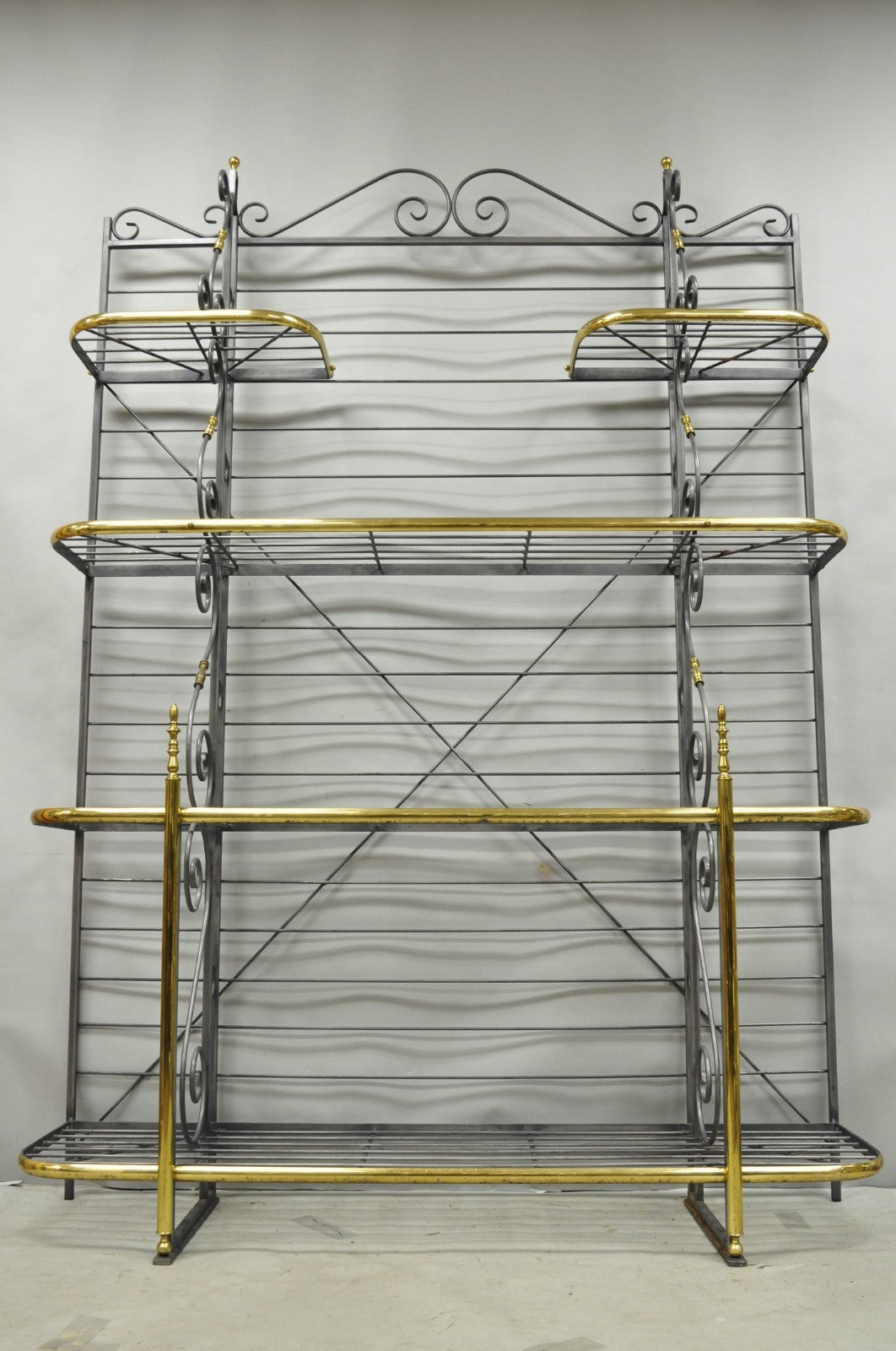 Vintage French Country Wrought Iron & Brass Kitchen Bakers Rack Bookcase Etagere