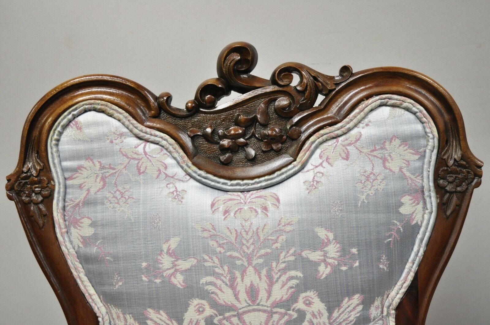 Victorian Floral Scrollwork Carved Mahogany Parlor Slipper Side Chairs - a Pair